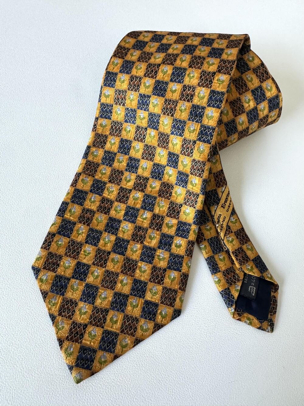 Ermenegildo Zegna Tie Mens Gold Floral Tile Print 100% Silk Made In Italy